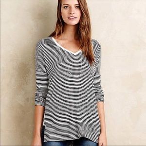 Anthro Bordeaux Stripe V Neck Long Sleeve
